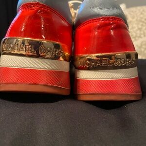 Michael Kors red , blue and light pink  women’s sneakers with gold trimming